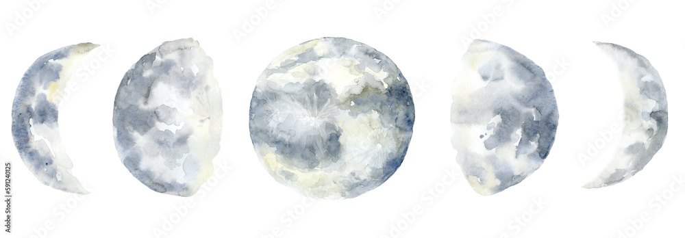 Moon Phase. Celestial Graphic. Watercolor Illustration. Watercolor Illustration.