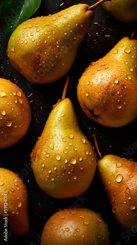 Сlose-up of an pears with water drops on it as background