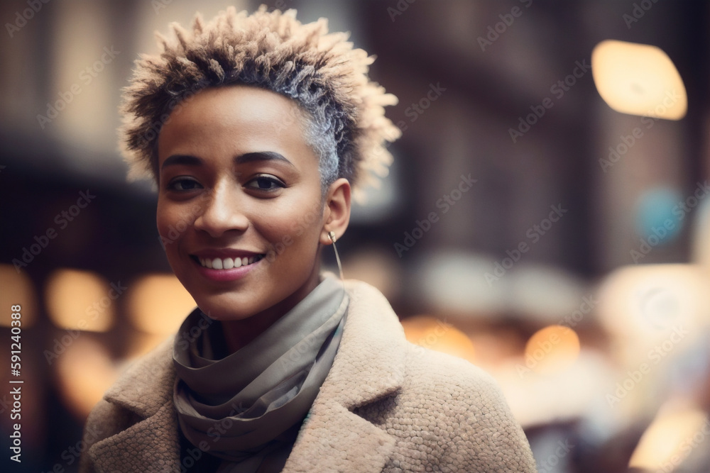 Portrait of african american woman tourist walking in shopping market street food alley. Travel concept. Generative AI