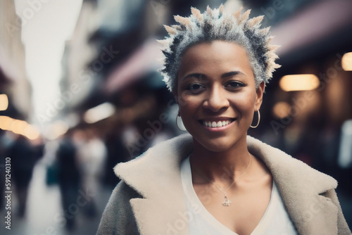Portrait of african american woman tourist walking in shopping market street food alley. Travel concept. Generative AI