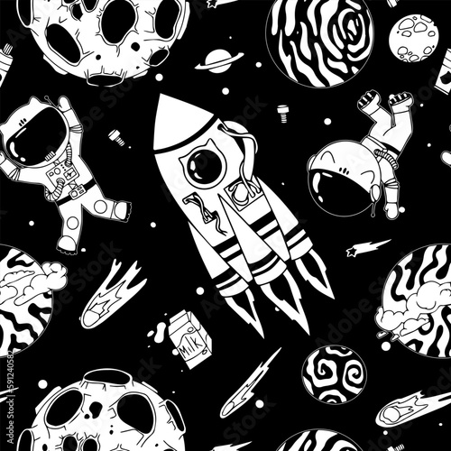 Astronaut in the open space. UFOs, spaceships, rockets. Solar system, Intergalactic travel. Galaxies, planets, asteroids, comets, shooting stars. Black and white pattern. Vector.