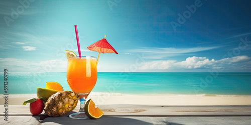 Cocktail on a tropical beach with pineaple and fruits on a table.