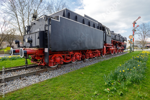 Steam locomotive in Treuchtlingen. The express locomotive 01 220 as a monument in Treuchtlingen. The locomotive is registered as a monument in the Bavarian monument list.