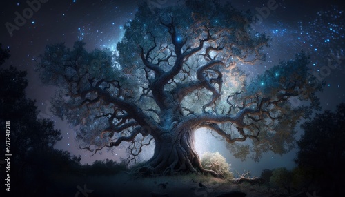 The majestic oak tree stood tall in the midst of a mystical forest Generative Ai © Creda