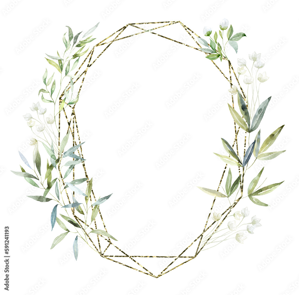 Gold Frame with green Branches. Watercolor Illustration. Gold Frame with green Branches. Watercolor Illustration.