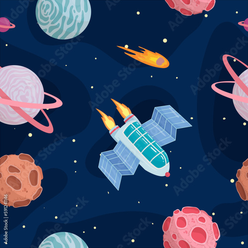 UFOs, spaceships, rockets. Solar system, intergalactic travel. Galaxies, planets, asteroids, comets, shooting stars. Vector illustration in cartoon style on a white background.