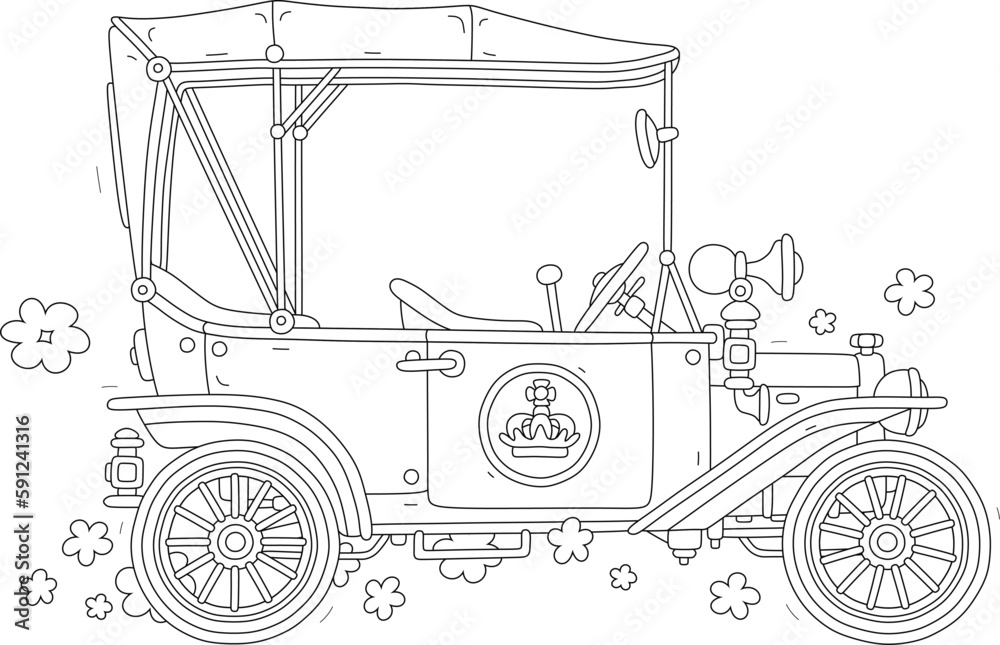 Retro car cabriolet decorated with a royal crown emblem for a solemn ceremony and parades, black and white outline vector cartoon illustration for a coloring book