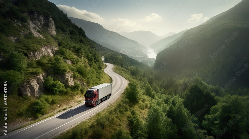 Cargo Truck on Open Highway from Aerial View Cargo Truck on Open Highway from Aerial View