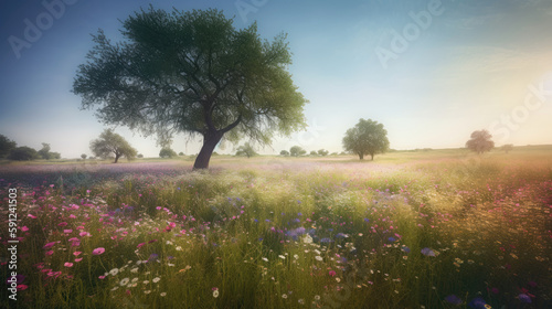 Beautiful meadow with wildflowers and a tree in the background. Generative AI