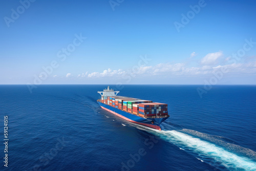 Cargo Ship Crossing Open Ocean Under Clear Blue Sky © Dangubic