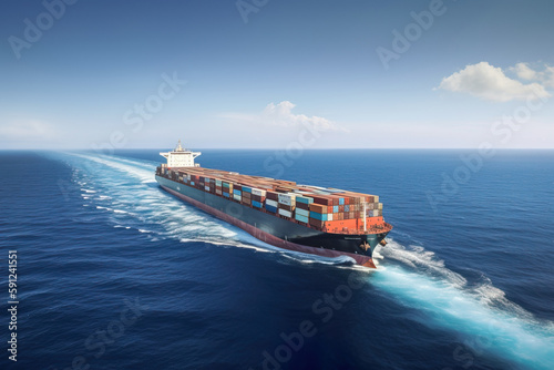 Cargo Ship Crossing Open Ocean Under Clear Blue Sky
