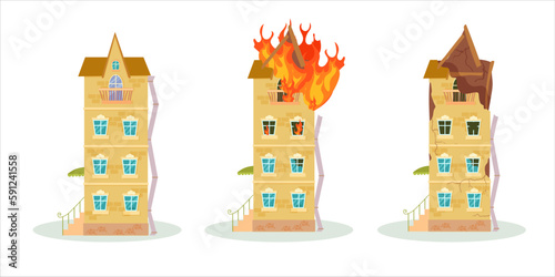 A destroyed building after a fire or an earthquake. Ruined city buildings after the war. Damaged city with old broken dilapidated housing. Vector illustration isolated on white background.