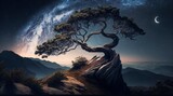 A twisted old pine tree stood on the edge of a cliff Generative Ai