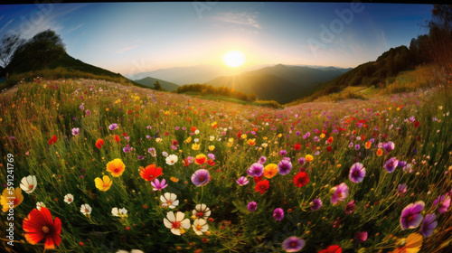 Sunset over cosmos flower meadow in the mountains. Nature background