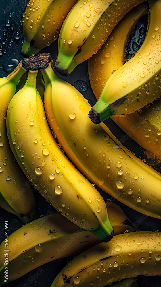 Сlose-up of an bananas with water drops on it as background