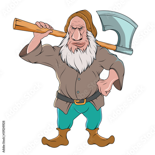 Gnome with an axe. Vector illustration  fantasy people. Garden dwarf with beard in hat photo