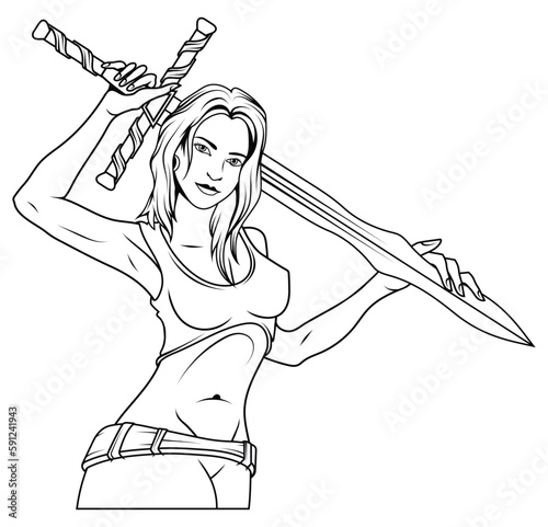 Woman with a sword. Vector illustration sketch of  valkyrie. Princess warrior with sword