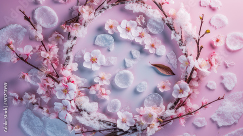 frosty background of sakura flowers with pieces of ice, a variety of weaving branches and delicate flowers of Japanese cherry. Generative AI.