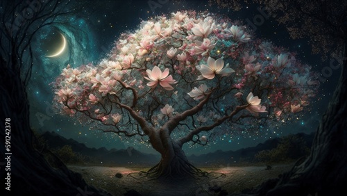 A mystical magnolia tree stood in the center of a starlit garden Generative Ai