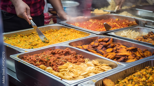 Oriental food - Indian takeaway at a street market, Traditional Asian meal food court