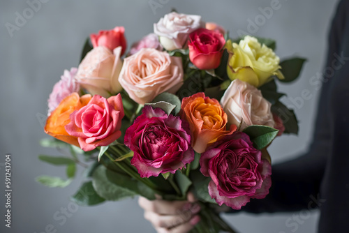 Female hand holds beautiful bouquet of roses. Mothers day  holiday decor  Flower delivery concept. Generative AI illustration