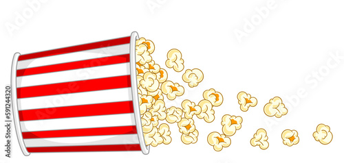 Popcorn in paper striped bucket. Illustration of snack food in cartoon style.