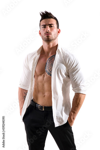 Confident, attractive young man with open shirt on muscular chest