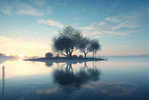 A calm lake with trees in the middle. Generative AI © AIproduction