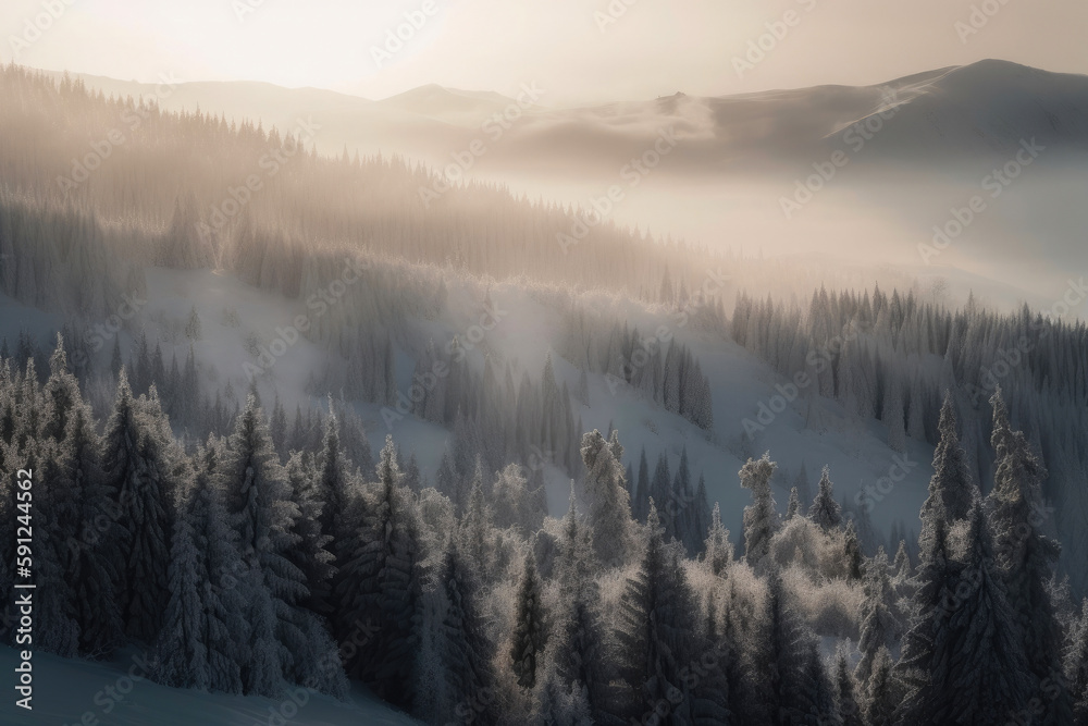 Pure white snow covers the valley. Coniferous forest and mountain against the blue sky. Generative AI