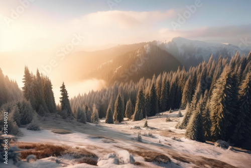 Coniferous forest from the distance on the snowy mountains. Generative AI © AIproduction