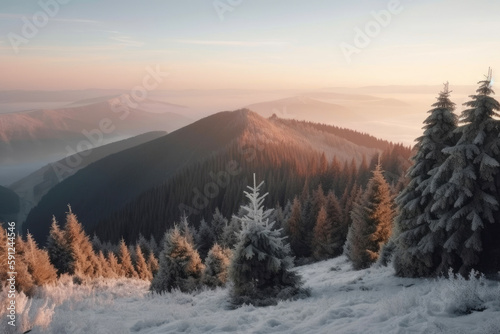 Mountain landscape with coniferous forest. Beautiful winter landscape with snowy meadows. Generative AI