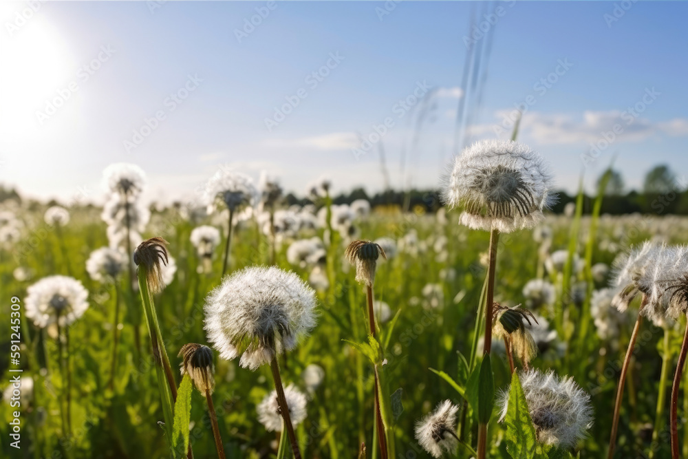 Summer meadow with clear blue sky landscape background. Generative AI