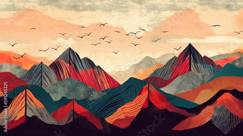 Sunset mountains, boho simple vector illustration. Generative AI