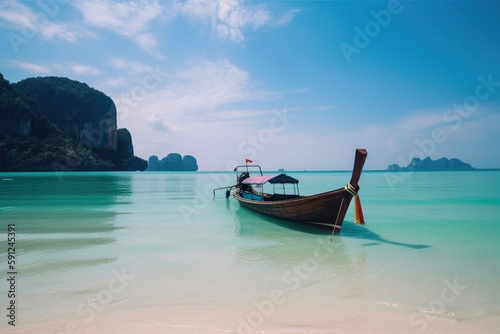 Thai traditional wooden longtail boat and beautiful sand beach. Generative AI © AIproduction