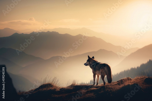 Wolf silhouette  beautiful mountain sunrise landscape background. Generative AI