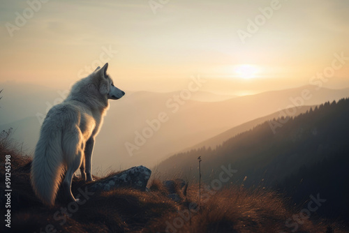 Wolf at the mountain. Generative AI © AIproduction