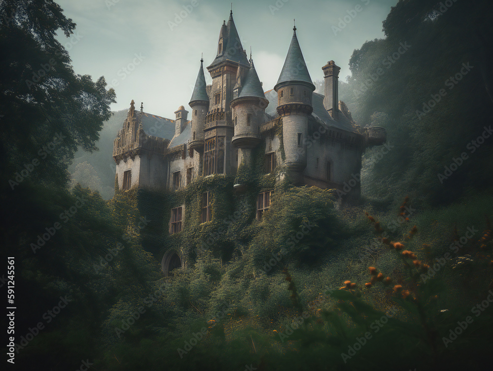 Ancient Castle in Forest, Enchanting Ivy-Covered Walls, Generative AI Ancient Castle in Forest, Enchanting Ivy-Covered Walls, Generative AI