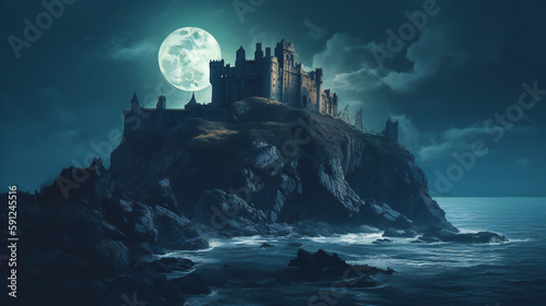 Abandoned Ancient Castle in Moonlight, Haunting Ocean Cliff, Generative AI