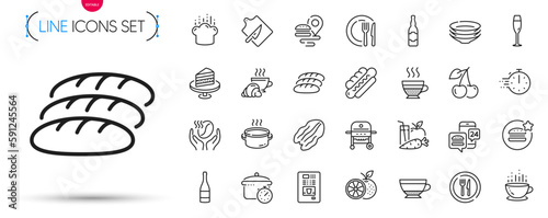 Pack of Dry cappuccino, Boiling pan and Food delivery line icons. Include Cherry, Juice, Hotdog pictogram icons. Food app, Coffee cup, Bread signs. Beer bottle, Cooking hat, Cutting board. Vector