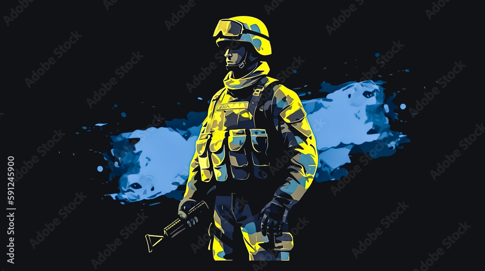 Naklejka premium Illustration of a brave Ukrainian soldier, generative AI.