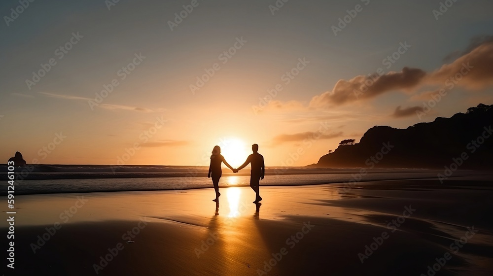 silluettes of two people holding hands on the beach during golden hour
