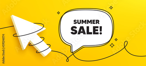 Summer Sale tag. Continuous line chat banner. Special offer price sign. Advertising Discounts symbol. Summer sale speech bubble message. Wrapped 3d cursor icon. Vector