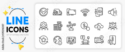 Team work, Buy currency and Loud sound line icons set for app include Internet, Delivery truck, Squad outline thin icon. Conversation messages, Lounge, Phone charging pictogram icon. Vector