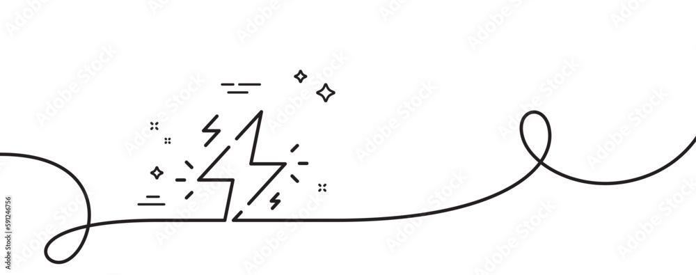 Power line icon. Continuous one line with curl. Flash electric energy sign. Lightning bolt symbol. Power single outline ribbon. Loop curve pattern. Vector