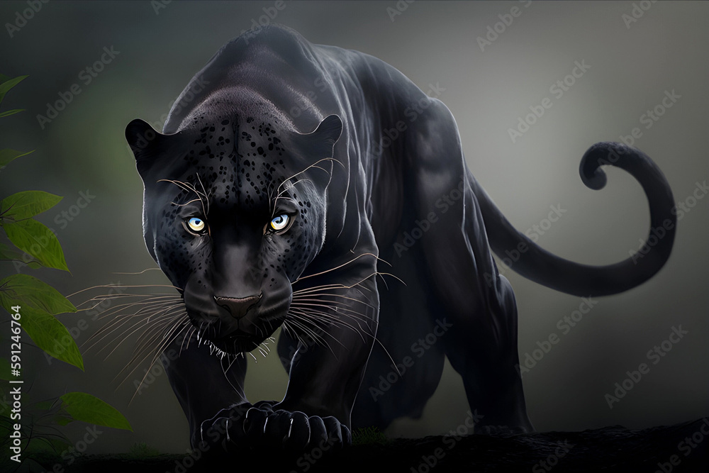 Black panther on a hunt in the jungle. AI generated illustration. Stock ...