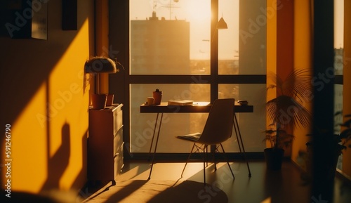 Evening sunset rays on a side table near the window