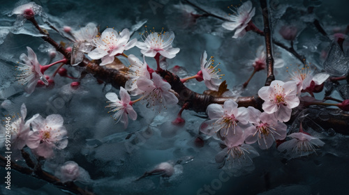 frosty background of sakura flowers with pieces of ice, a variety of weaving branches and delicate flowers of Japanese cherry. Generative AI. © Ренат Хисматулин