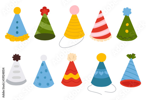 Vector illustration set of cute doodle colored party hats for digital stamp,greeting card,sticker,icon,design