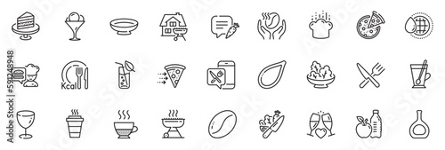 Icons pack as Coffee, Food delivery and Glass line icons for app include Takeaway, Ice cream, Vegetable outline thin icon web set. Pizza, Dish, Cake pictogram. Calories, Cooking hat. Vector