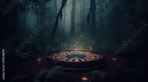 Casino Roulette inside a dark forest during the night -  AI Generated